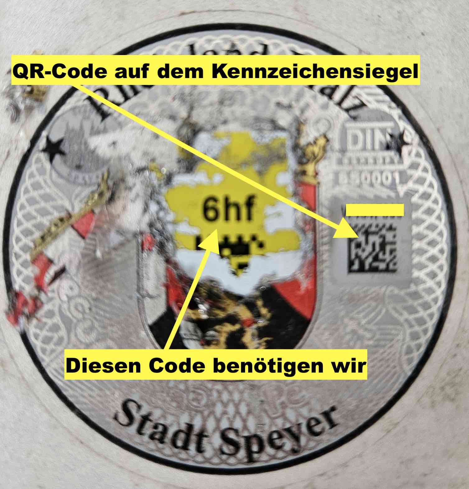 Kennzeichensiegel mit einem QR-Code aus Stadt Speyer - Beispielbild