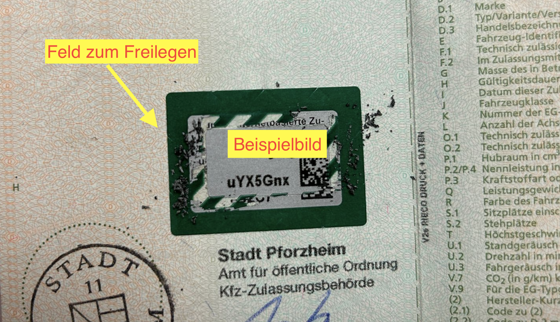 Sicherheitscode Fahrzeugschein zum Freilegen