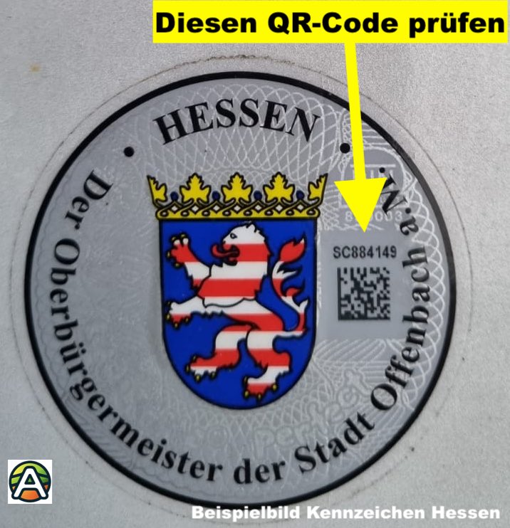 Musterbild eines Kennzeichenwappens mit QR-Code aus Hessen